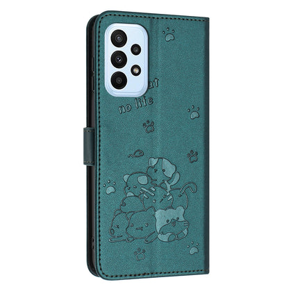 Samsung Galaxy A52 5G Embossed Kitten PU Leather Wallet Case with Card Slots, Cash Pocket, Kickstand Function, Wrist Lanyard Strap, Full Protective TPU Flip Cover