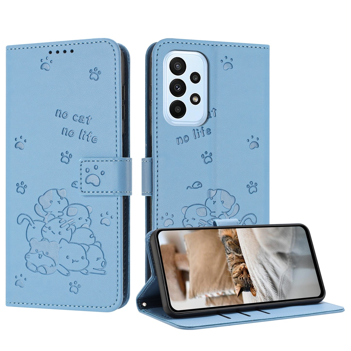 Samsung Galaxy A53 5G Embossed Kitten PU Leather Wallet Case with Card Slots, Cash Pocket, Kickstand Function, Wrist Lanyard Strap, Full Protective TPU Flip Cover