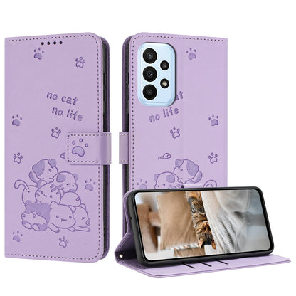 Samsung Galaxy A72 4G Embossed Kitten PU Leather Wallet Case with Card Slots, Cash Pocket, Kickstand Function, Wrist Lanyard Strap, Full Protective TPU Flip Cover