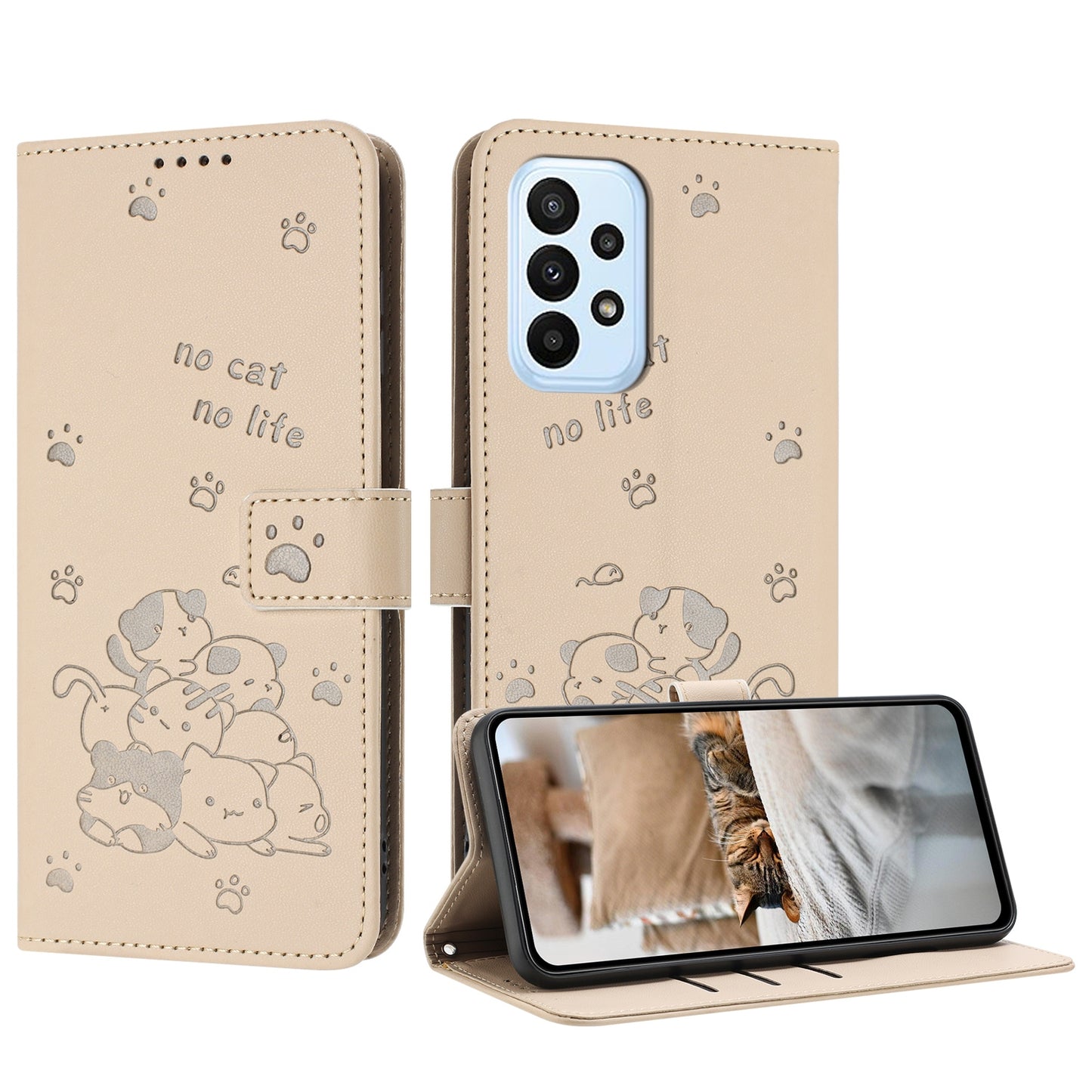 Samsung Galaxy A72 4G Embossed Kitten PU Leather Wallet Case with Card Slots, Cash Pocket, Kickstand Function, Wrist Lanyard Strap, Full Protective TPU Flip Cover