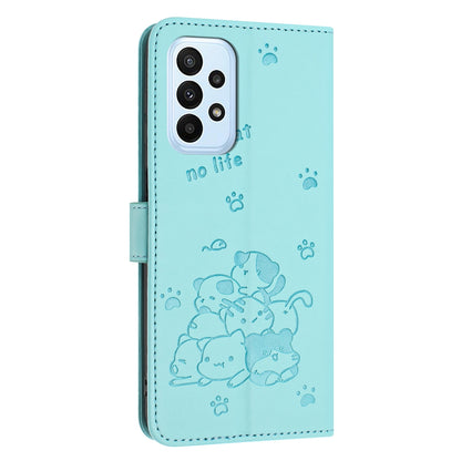 Samsung Galaxy A73 5G Embossed Kitten PU Leather Wallet Case with Card Slots, Cash Pocket, Kickstand Function, Wrist Lanyard Strap, Full Protective TPU Flip Cover