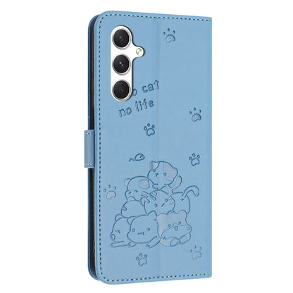 Samsung Galaxy A56 5G Embossed Kitten PU Leather Wallet Case with Card Slots, Cash Pocket, Kickstand Function, Wrist Lanyard Strap, Full Protective TPU Flip Cover