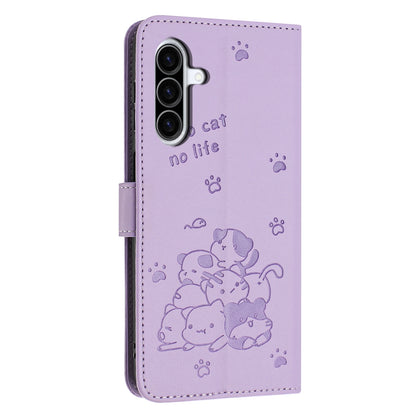 Samsung Galaxy A36 5G Embossed Kitten PU Leather Wallet Case with Card Slots, Cash Pocket, Kickstand Function, Wrist Lanyard Strap, Full Protective TPU Flip Cover