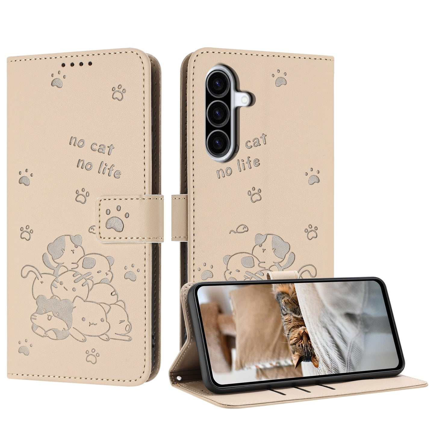 Samsung Galaxy A36 5G Embossed Kitten PU Leather Wallet Case with Card Slots, Cash Pocket, Kickstand Function, Wrist Lanyard Strap, Full Protective TPU Flip Cover