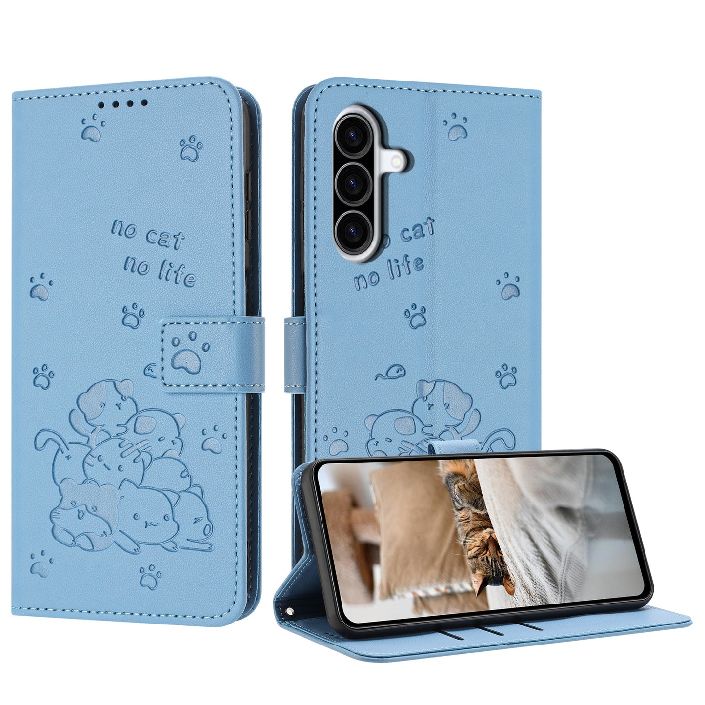 Samsung Galaxy A36 5G Embossed Kitten PU Leather Wallet Case with Card Slots, Cash Pocket, Kickstand Function, Wrist Lanyard Strap, Full Protective TPU Flip Cover