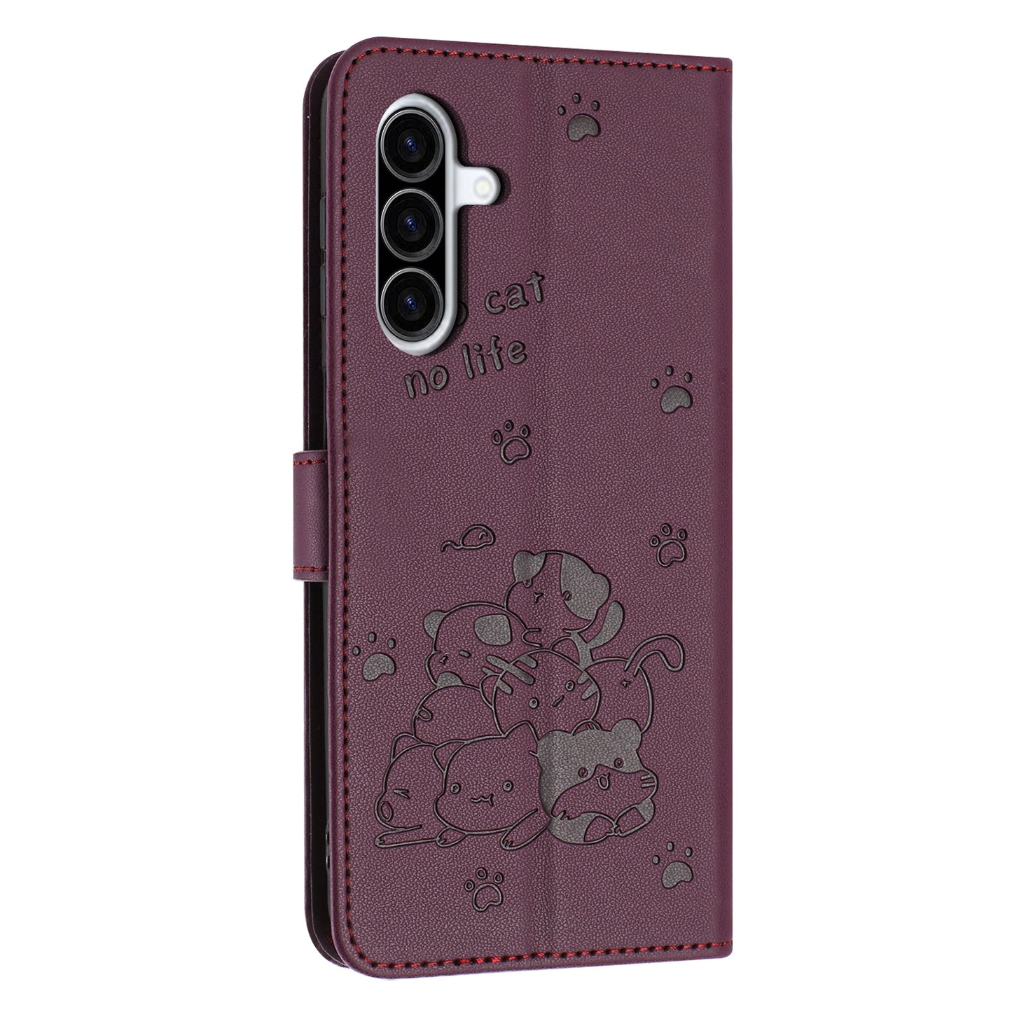 Samsung Galaxy A36 5G Embossed Kitten PU Leather Wallet Case with Card Slots, Cash Pocket, Kickstand Function, Wrist Lanyard Strap, Full Protective TPU Flip Cover