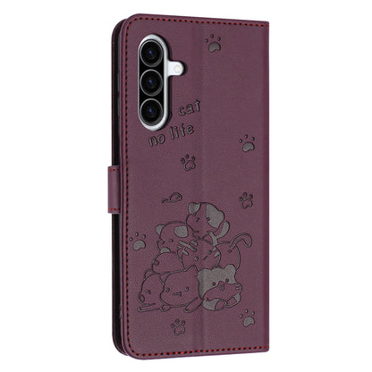 Samsung Galaxy A36 5G Embossed Kitten PU Leather Wallet Case with Card Slots, Cash Pocket, Kickstand Function, Wrist Lanyard Strap, Full Protective TPU Flip Cover