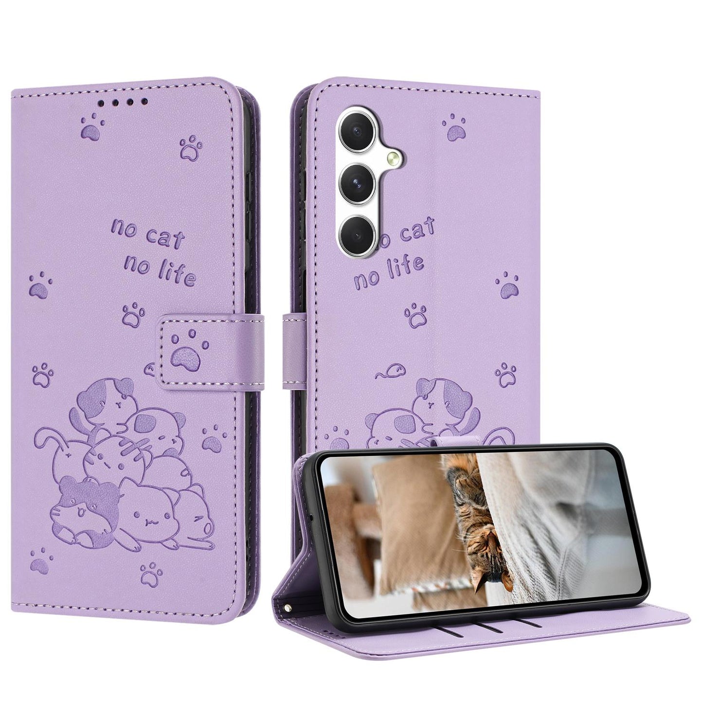 Samsung Galaxy A26 5G Embossed Kitten PU Leather Wallet Case with Card Slots, Cash Pocket, Kickstand Function, Wrist Lanyard Strap, Full Protective TPU Flip Cover