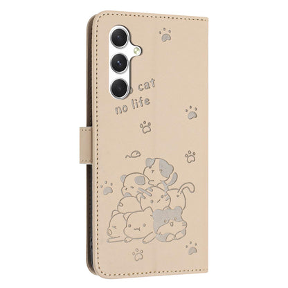 Samsung Galaxy A17 5G Embossed Kitten PU Leather Wallet Case with Card Slots, Cash Pocket, Kickstand Function, Wrist Lanyard Strap, Full Protective TPU Flip Cover