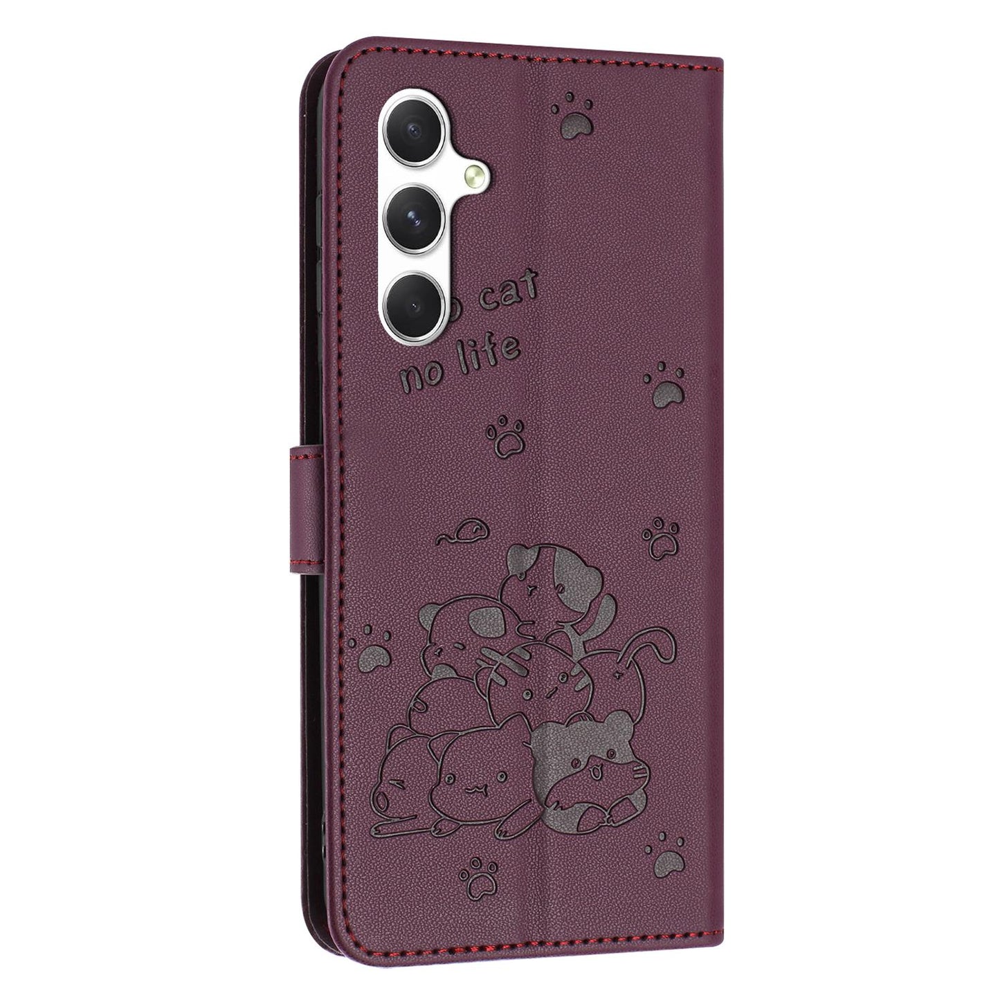Samsung Galaxy A17 5G Embossed Kitten PU Leather Wallet Case with Card Slots, Cash Pocket, Kickstand Function, Wrist Lanyard Strap, Full Protective TPU Flip Cover