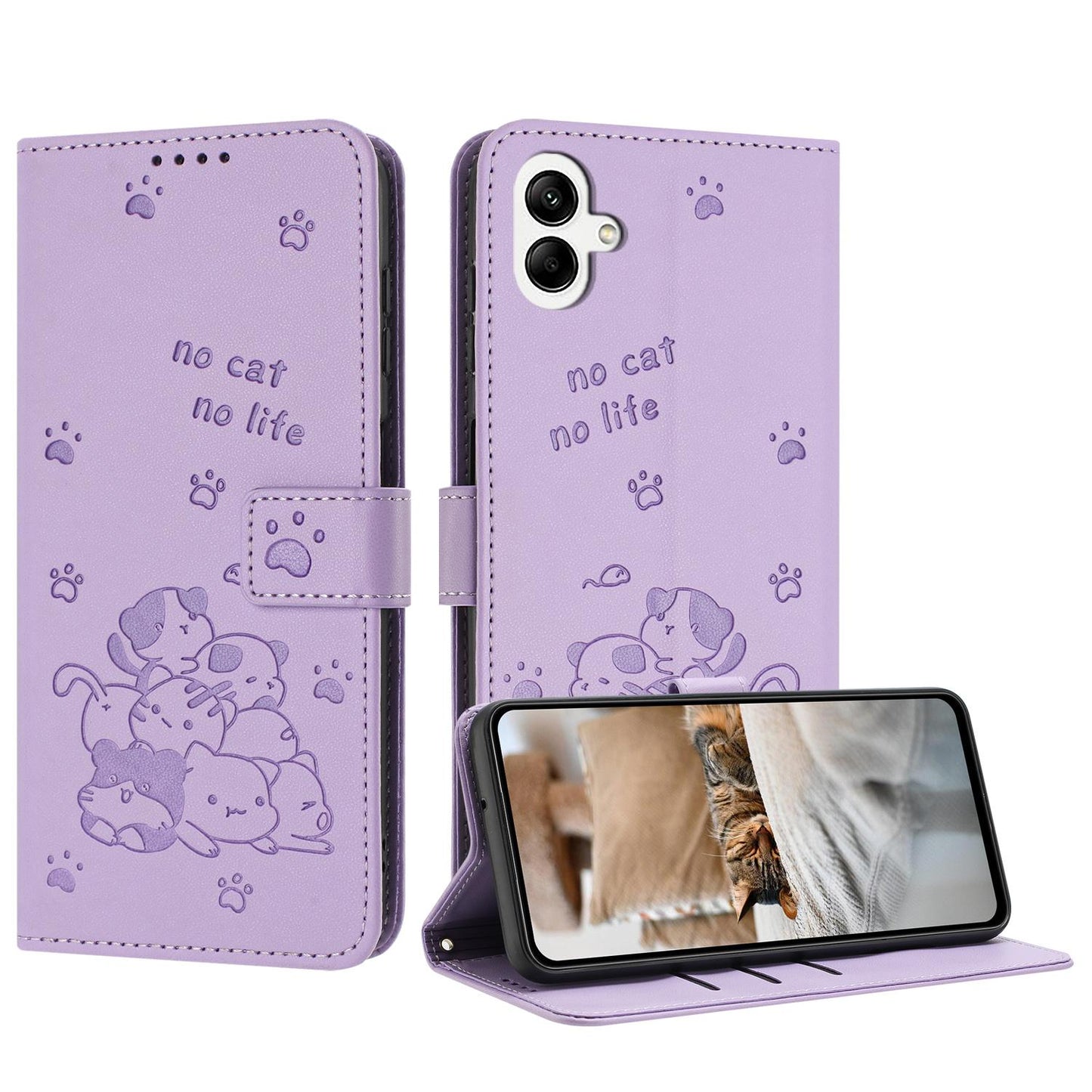Samsung Galaxy A07 4G Embossed Kitten PU Leather Wallet Case with Card Slots, Cash Pocket, Kickstand Function, Wrist Lanyard Strap, Full Protective TPU Flip Cover