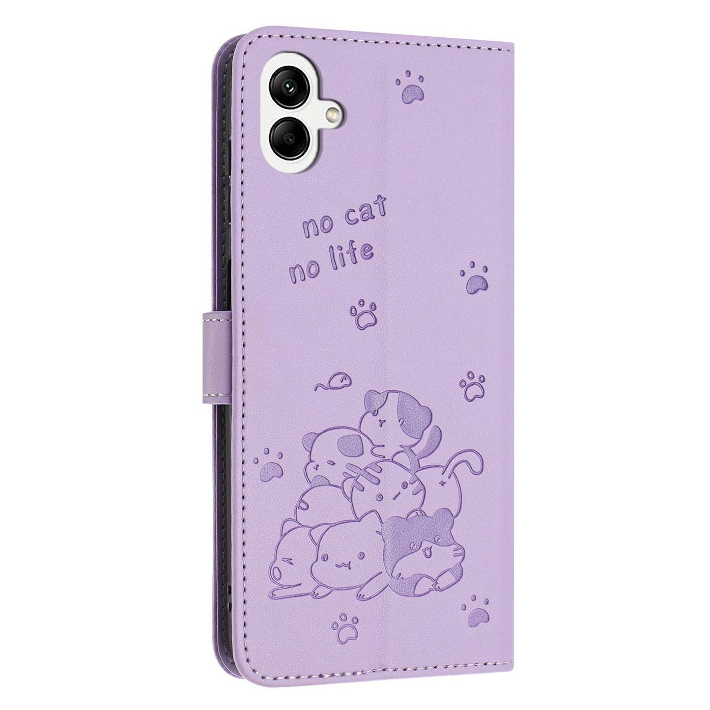 Samsung Galaxy A07 4G Embossed Kitten PU Leather Wallet Case with Card Slots, Cash Pocket, Kickstand Function, Wrist Lanyard Strap, Full Protective TPU Flip Cover