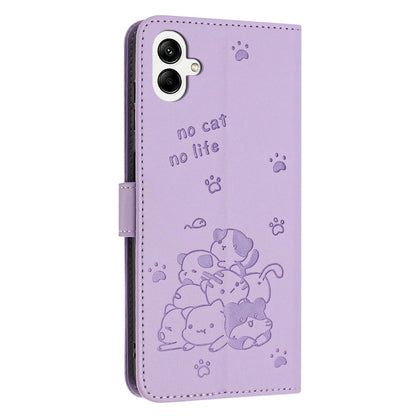 Samsung Galaxy A07 4G Embossed Kitten PU Leather Wallet Case with Card Slots, Cash Pocket, Kickstand Function, Wrist Lanyard Strap, Full Protective TPU Flip Cover