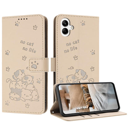 Samsung Galaxy A07 4G Embossed Kitten PU Leather Wallet Case with Card Slots, Cash Pocket, Kickstand Function, Wrist Lanyard Strap, Full Protective TPU Flip Cover