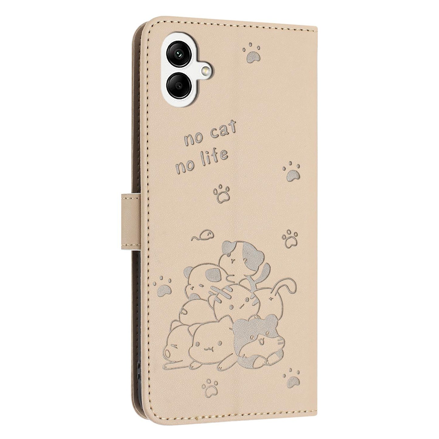 Samsung Galaxy A07 4G Embossed Kitten PU Leather Wallet Case with Card Slots, Cash Pocket, Kickstand Function, Wrist Lanyard Strap, Full Protective TPU Flip Cover