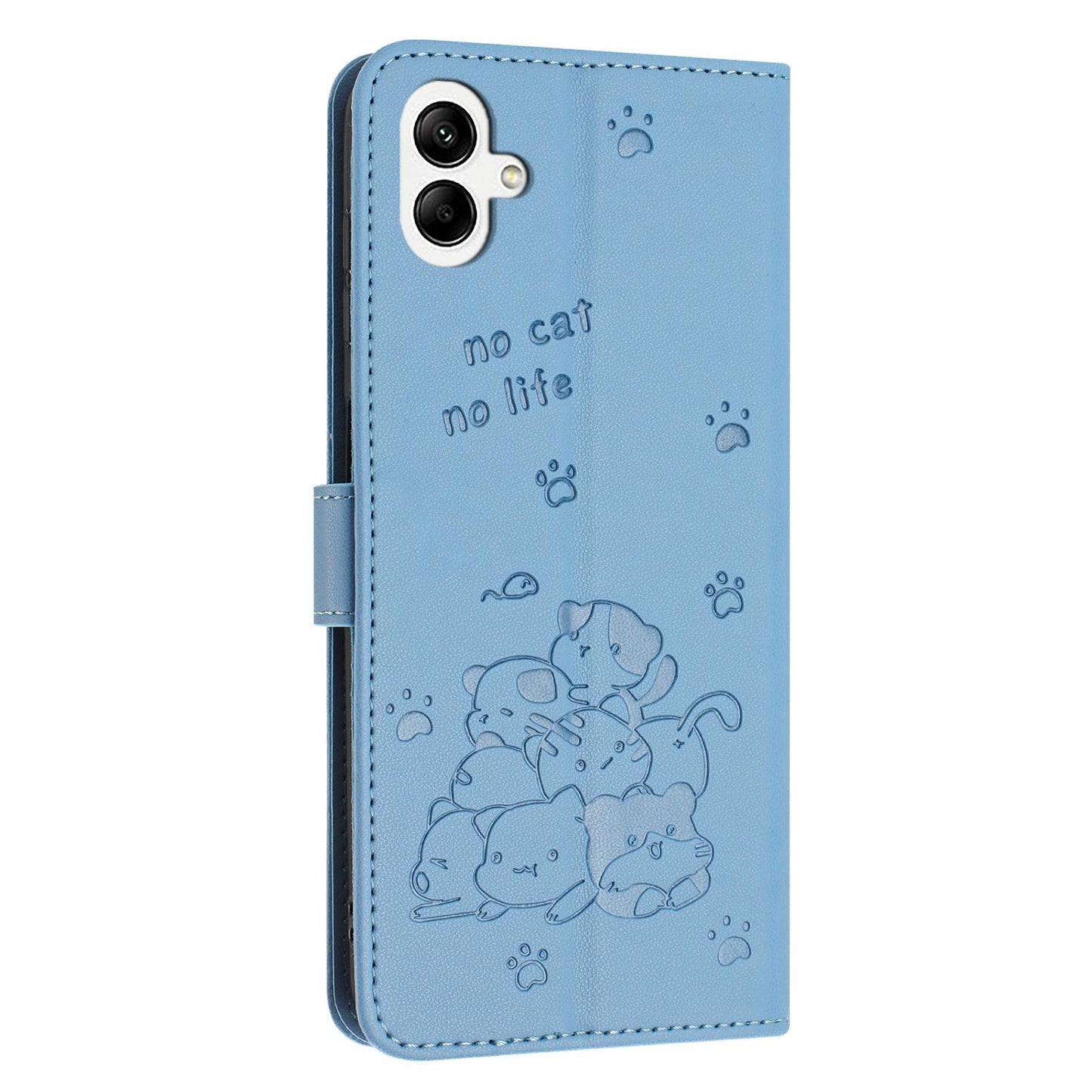 Samsung Galaxy A07 4G Embossed Kitten PU Leather Wallet Case with Card Slots, Cash Pocket, Kickstand Function, Wrist Lanyard Strap, Full Protective TPU Flip Cover