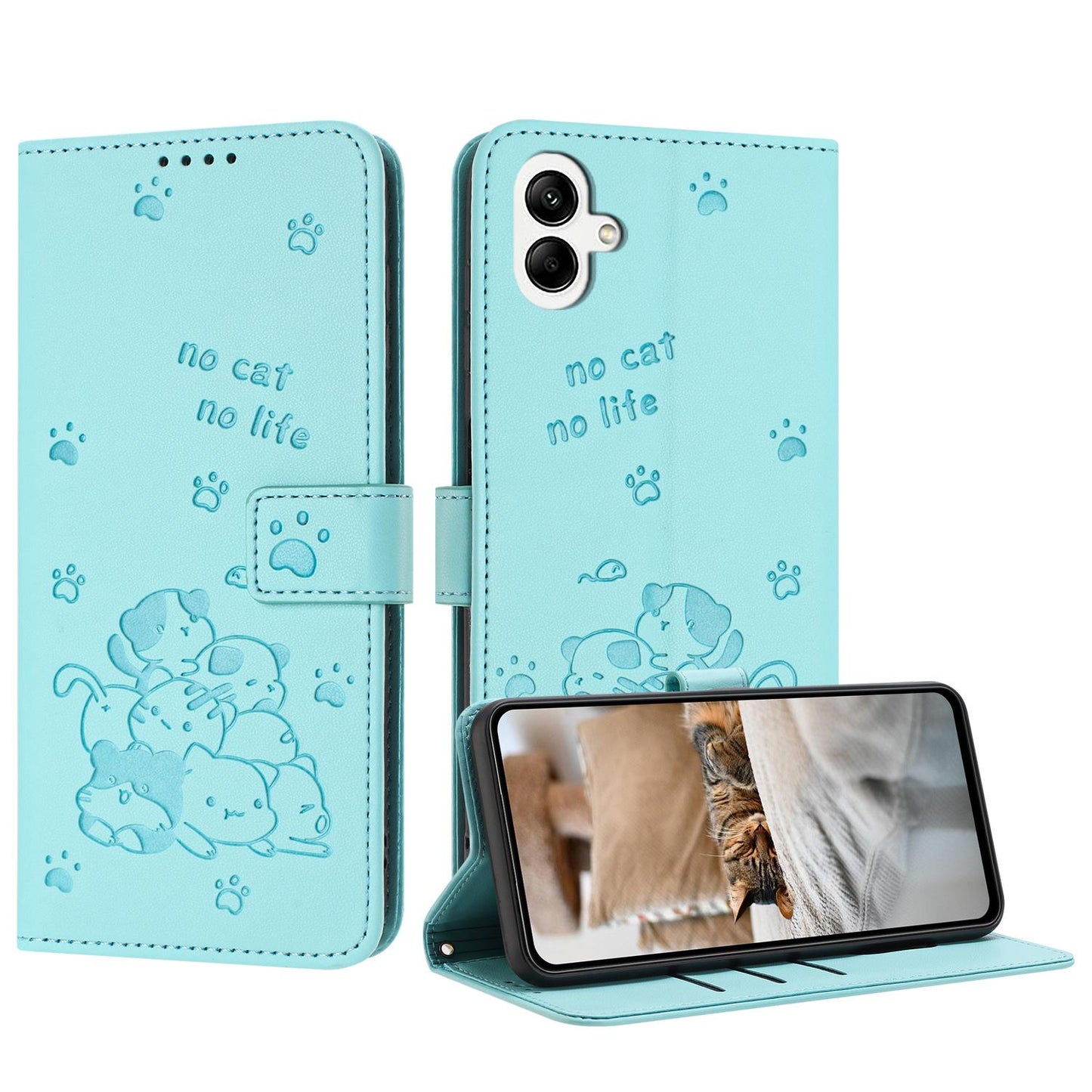 Samsung Galaxy A07 4G Embossed Kitten PU Leather Wallet Case with Card Slots, Cash Pocket, Kickstand Function, Wrist Lanyard Strap, Full Protective TPU Flip Cover