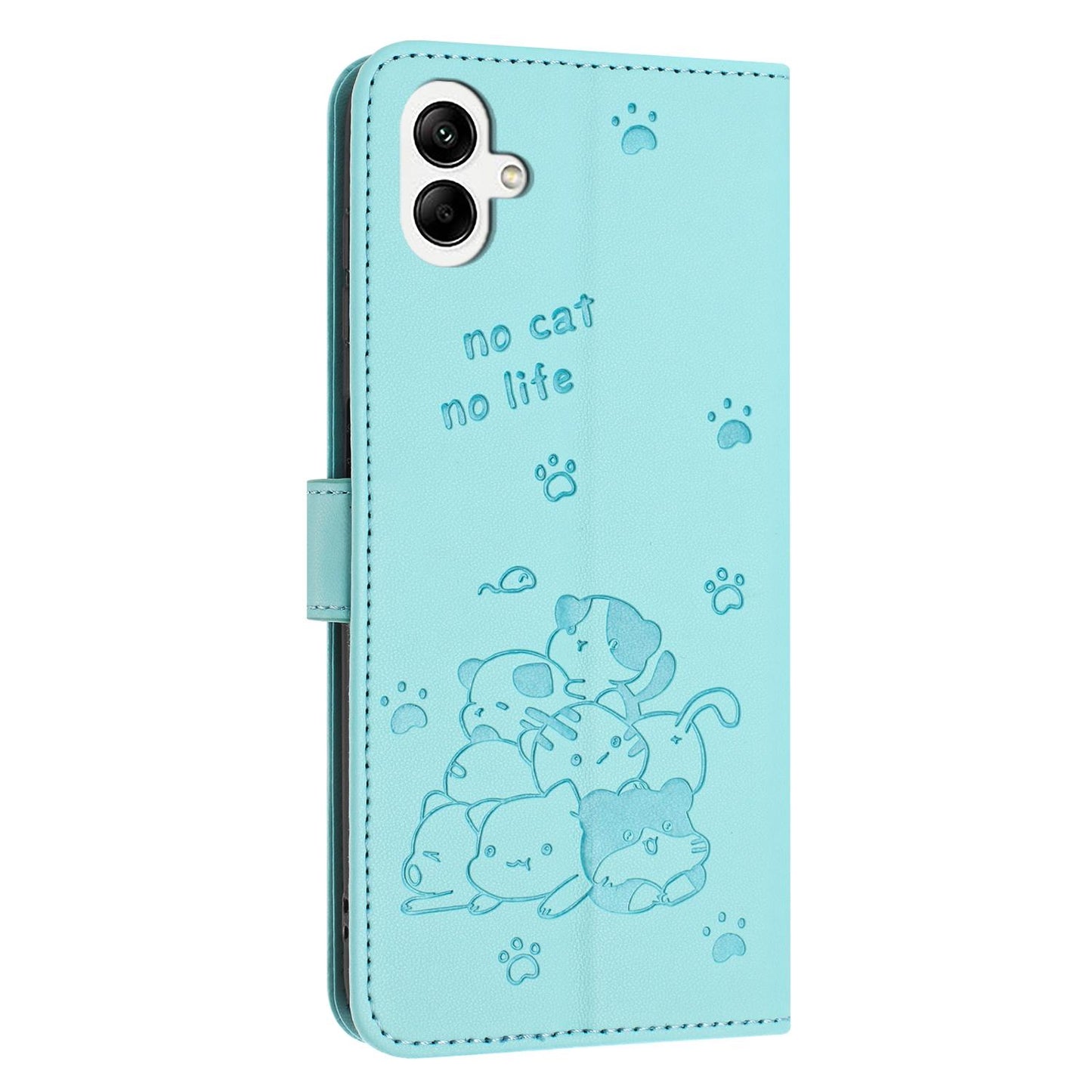 Samsung Galaxy A07 4G Embossed Kitten PU Leather Wallet Case with Card Slots, Cash Pocket, Kickstand Function, Wrist Lanyard Strap, Full Protective TPU Flip Cover