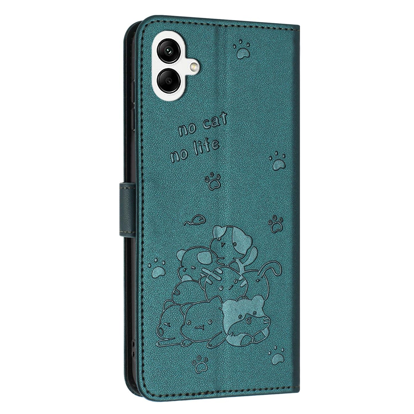 Samsung Galaxy A07 4G Embossed Kitten PU Leather Wallet Case with Card Slots, Cash Pocket, Kickstand Function, Wrist Lanyard Strap, Full Protective TPU Flip Cover
