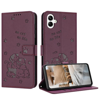 Samsung Galaxy A07 4G Embossed Kitten PU Leather Wallet Case with Card Slots, Cash Pocket, Kickstand Function, Wrist Lanyard Strap, Full Protective TPU Flip Cover