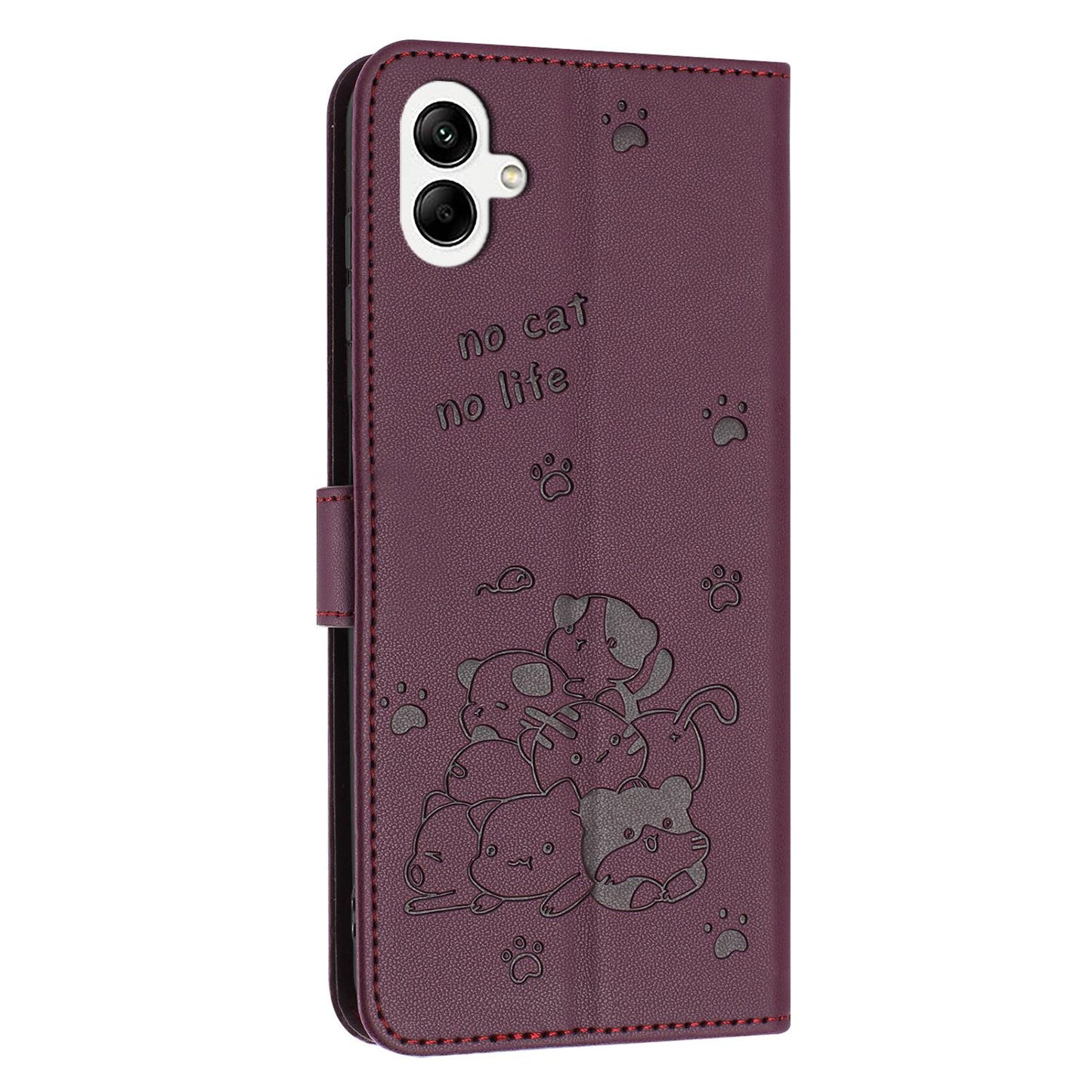 Samsung Galaxy A07 4G Embossed Kitten PU Leather Wallet Case with Card Slots, Cash Pocket, Kickstand Function, Wrist Lanyard Strap, Full Protective TPU Flip Cover