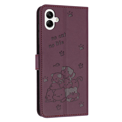 Samsung Galaxy A07 4G Embossed Kitten PU Leather Wallet Case with Card Slots, Cash Pocket, Kickstand Function, Wrist Lanyard Strap, Full Protective TPU Flip Cover