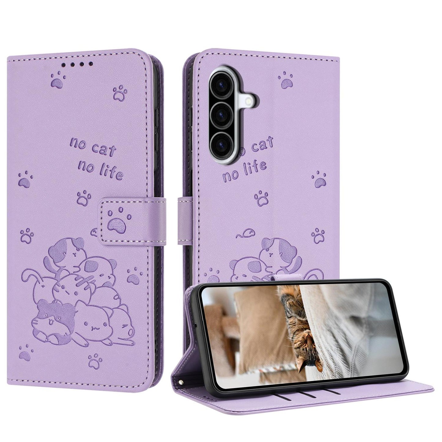Samsung Galaxy A57 5G Embossed Kitten PU Leather Wallet Case with Card Slots, Cash Pocket, Kickstand Function, Wrist Lanyard Strap, Full Protective TPU Flip Cover