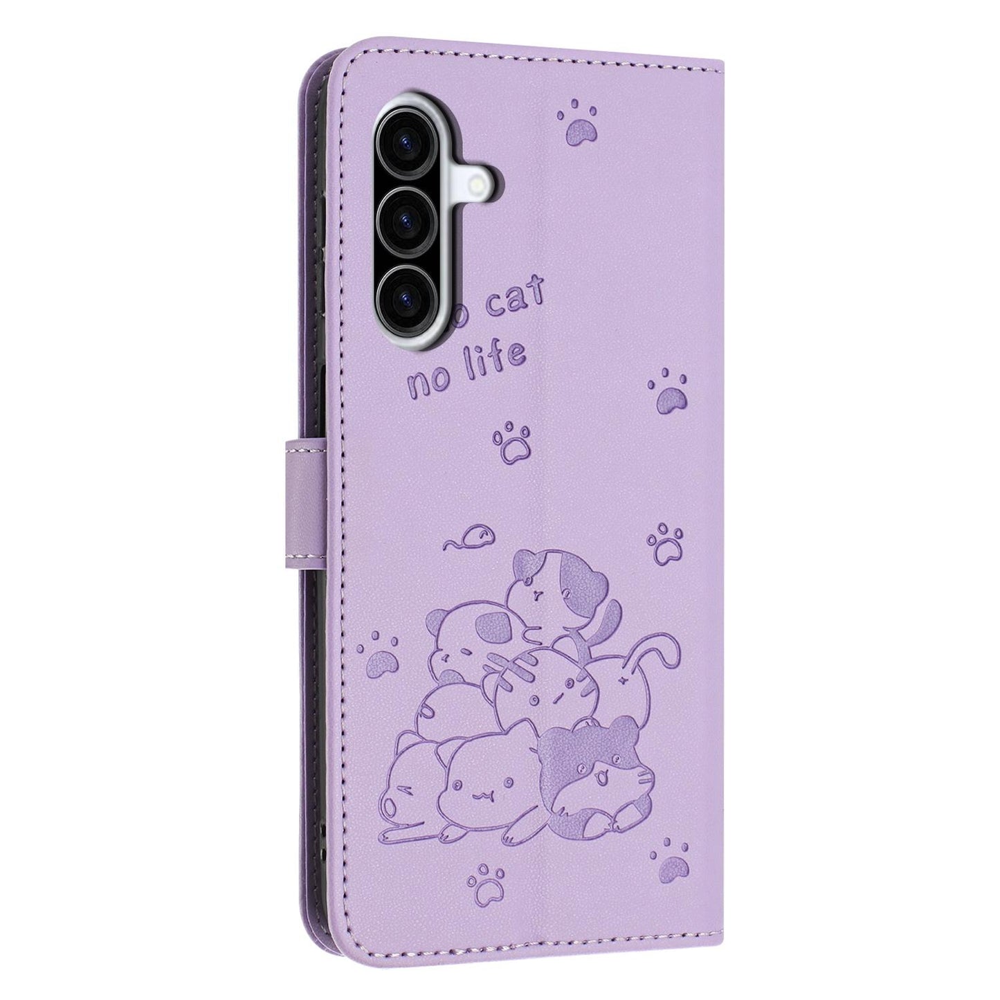 Samsung Galaxy A57 5G Embossed Kitten PU Leather Wallet Case with Card Slots, Cash Pocket, Kickstand Function, Wrist Lanyard Strap, Full Protective TPU Flip Cover