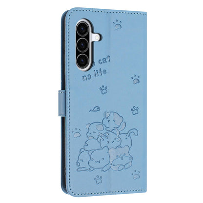 Samsung Galaxy A57 5G Embossed Kitten PU Leather Wallet Case with Card Slots, Cash Pocket, Kickstand Function, Wrist Lanyard Strap, Full Protective TPU Flip Cover