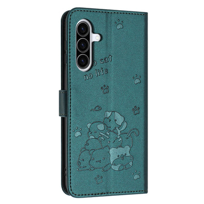 Samsung Galaxy A57 5G Embossed Kitten PU Leather Wallet Case with Card Slots, Cash Pocket, Kickstand Function, Wrist Lanyard Strap, Full Protective TPU Flip Cover