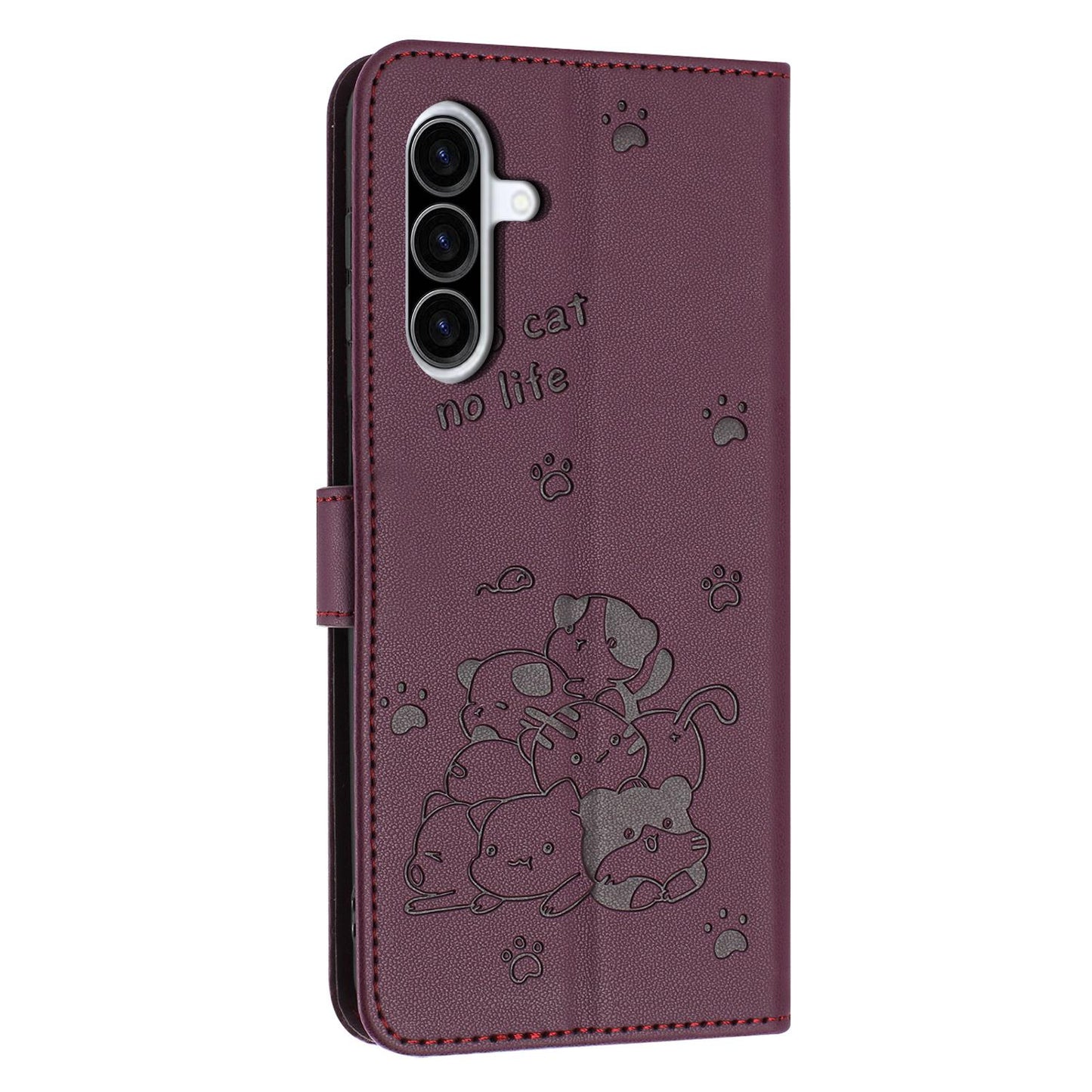 Samsung Galaxy A57 5G Embossed Kitten PU Leather Wallet Case with Card Slots, Cash Pocket, Kickstand Function, Wrist Lanyard Strap, Full Protective TPU Flip Cover