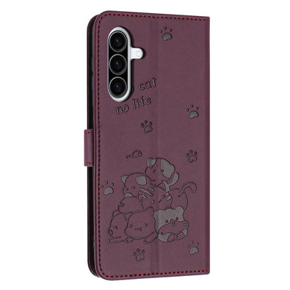Samsung Galaxy A57 5G Embossed Kitten PU Leather Wallet Case with Card Slots, Cash Pocket, Kickstand Function, Wrist Lanyard Strap, Full Protective TPU Flip Cover
