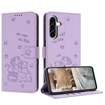 Samsung Galaxy A27 5G Embossed Kitten PU Leather Wallet Case with Card Slots, Cash Pocket, Kickstand Function, Wrist Lanyard Strap, Full Protective TPU Flip Cover