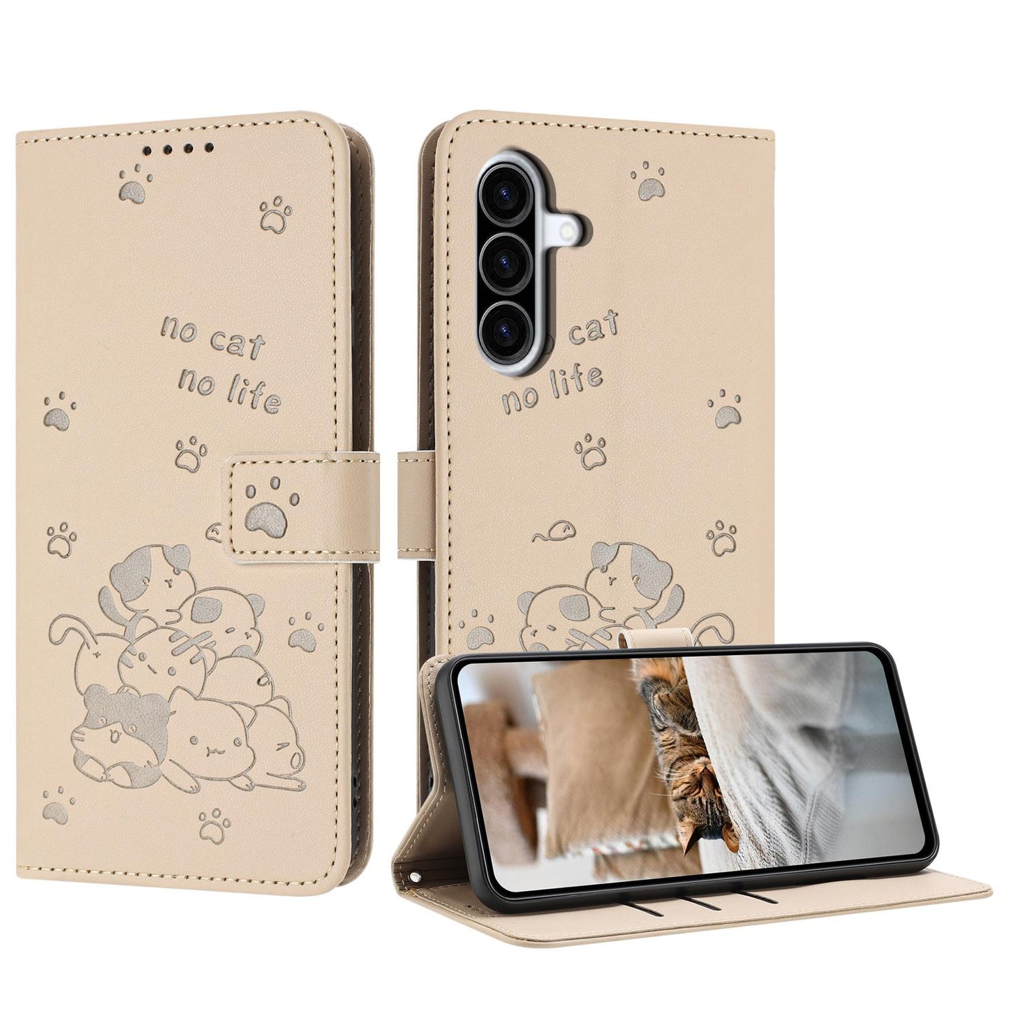 Samsung Galaxy A27 5G Embossed Kitten PU Leather Wallet Case with Card Slots, Cash Pocket, Kickstand Function, Wrist Lanyard Strap, Full Protective TPU Flip Cover