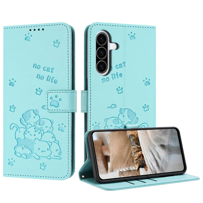 Samsung Galaxy A27 5G Embossed Kitten PU Leather Wallet Case with Card Slots, Cash Pocket, Kickstand Function, Wrist Lanyard Strap, Full Protective TPU Flip Cover