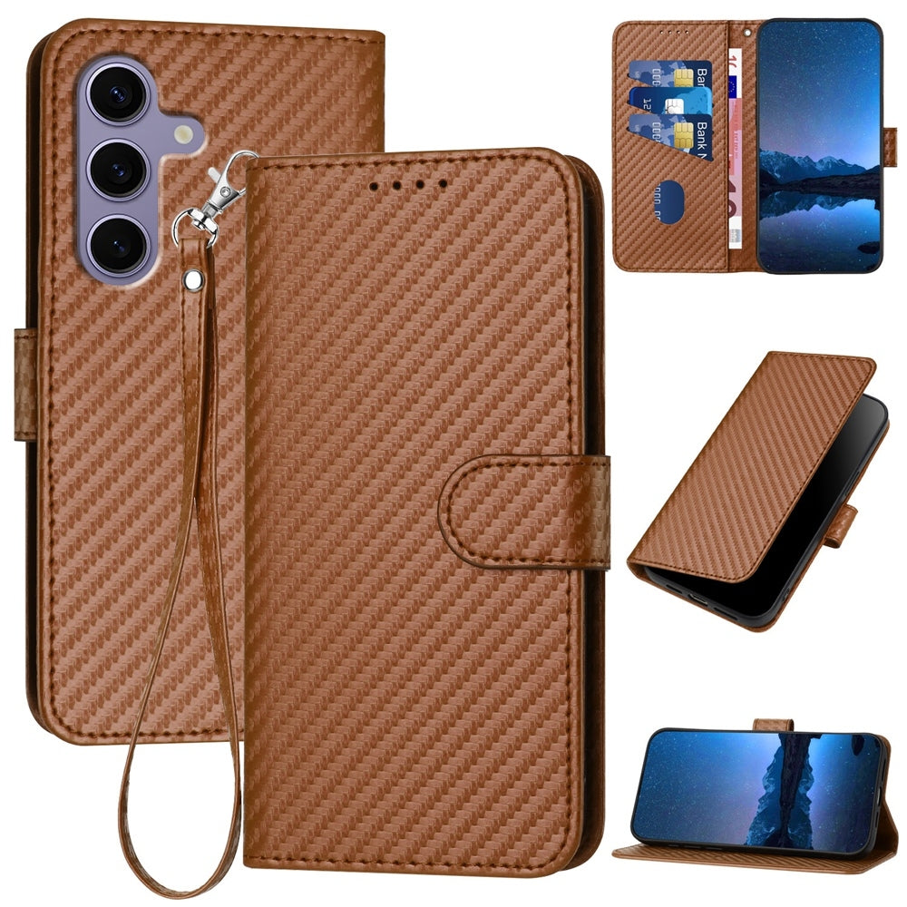 Samsung Galaxy S25 5G Carbon Fiber Buckle Leather Phone Case with Lanyard, PU Leather TPU Wallet Cover with Card Slot, Cash Compartment, Stand Function & Scratch Protection