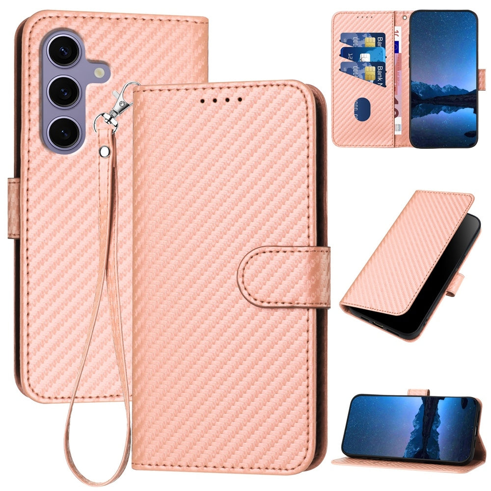 Samsung Galaxy S25 5G Carbon Fiber Buckle Leather Phone Case with Lanyard, PU Leather TPU Wallet Cover with Card Slot, Cash Compartment, Stand Function & Scratch Protection