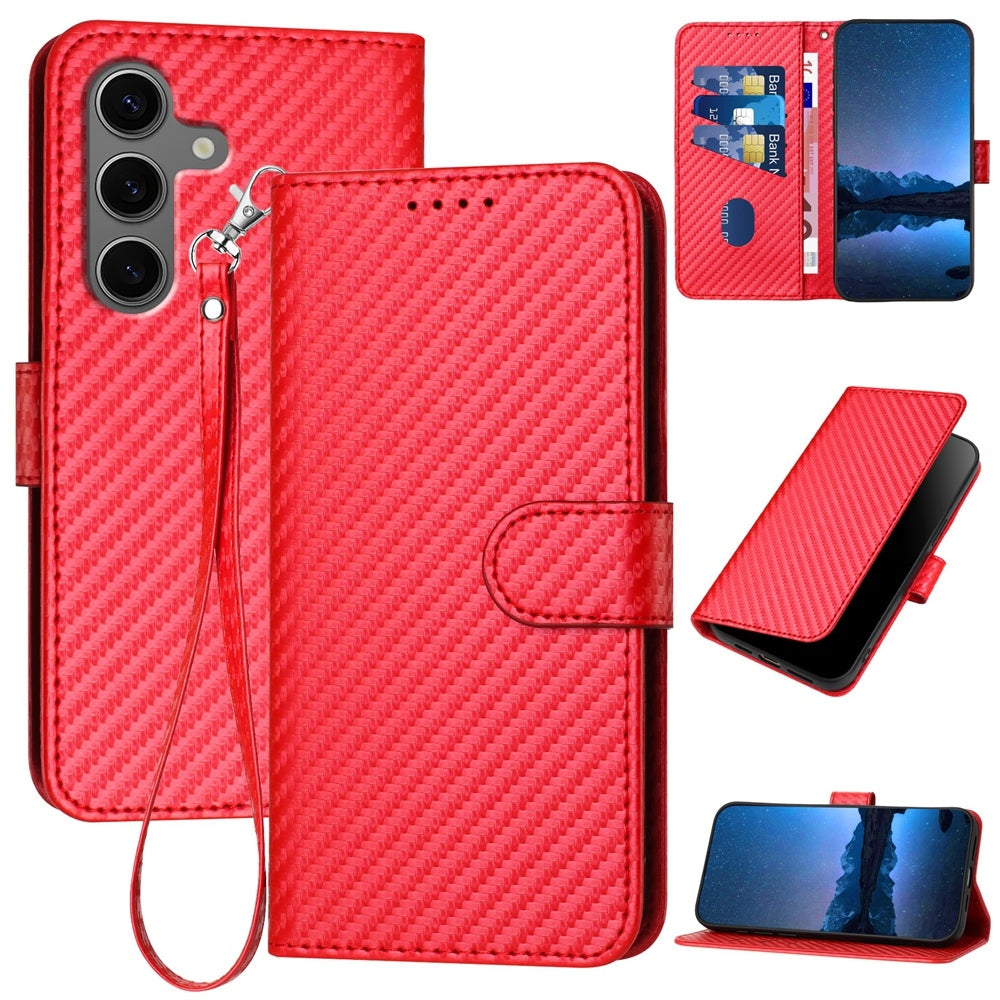 Samsung Galaxy S25+ 5G Carbon Fiber Buckle Leather Phone Case with Lanyard, PU Leather TPU Wallet Cover with Card Slot, Cash Compartment, Stand Function & Scratch Protection