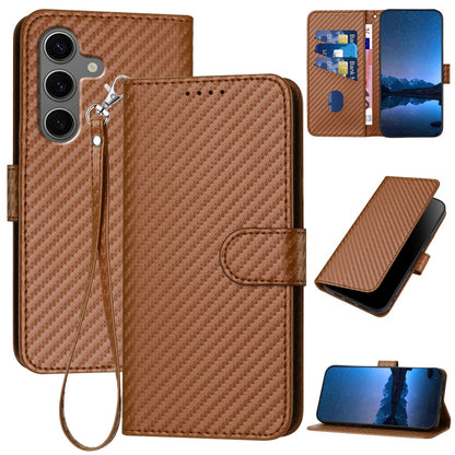 Samsung Galaxy S25+ 5G Carbon Fiber Buckle Leather Phone Case with Lanyard, PU Leather TPU Wallet Cover with Card Slot, Cash Compartment, Stand Function & Scratch Protection
