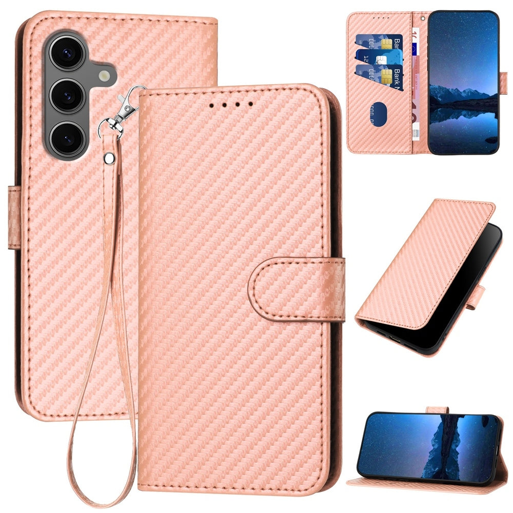 Samsung Galaxy S25+ 5G Carbon Fiber Buckle Leather Phone Case with Lanyard, PU Leather TPU Wallet Cover with Card Slot, Cash Compartment, Stand Function & Scratch Protection