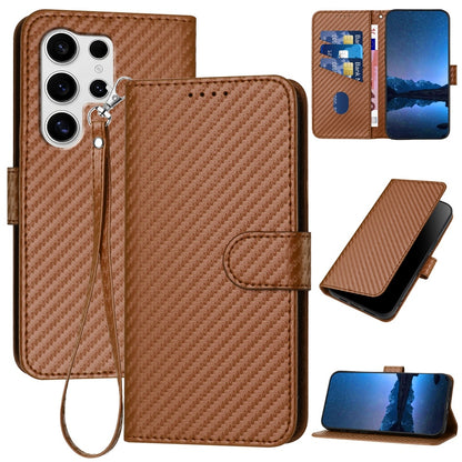 Samsung Galaxy S25 Ultra 5G Carbon Fiber Buckle Leather Phone Case with Lanyard, PU Leather TPU Wallet Cover with Card Slot, Cash Compartment, Stand Function & Scratch Protection