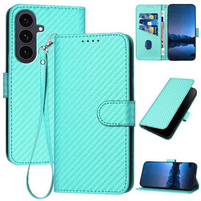 Samsung Galaxy S25 FE 5G Carbon Fiber Buckle Leather Phone Case with Lanyard, PU Leather TPU Wallet Cover with Card Slot, Cash Compartment, Stand Function & Scratch Protection