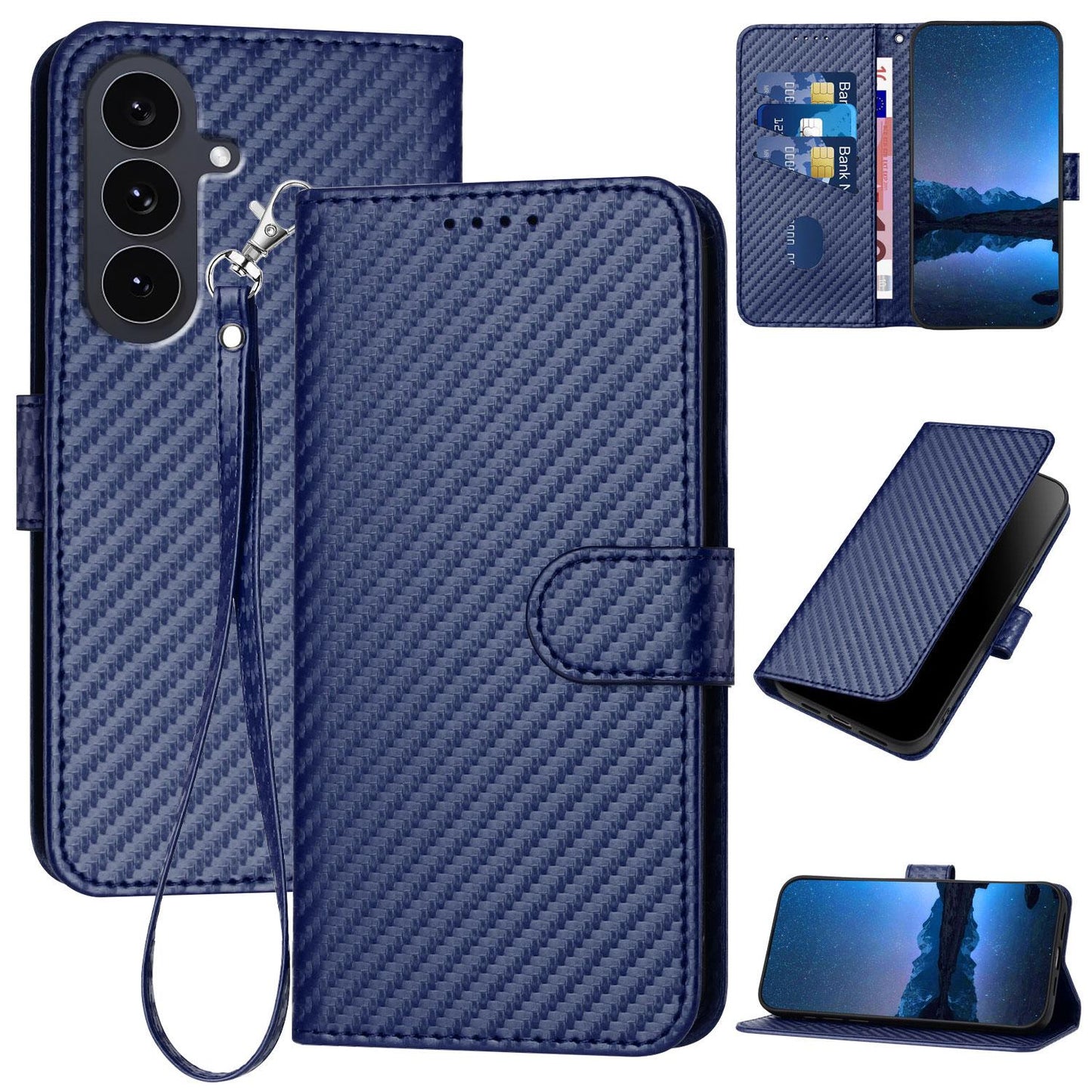 Samsung Galaxy S25 FE 5G Carbon Fiber Buckle Leather Phone Case with Lanyard, PU Leather TPU Wallet Cover with Card Slot, Cash Compartment, Stand Function & Scratch Protection