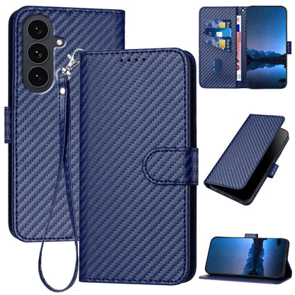 Samsung Galaxy S25 FE 5G Carbon Fiber Buckle Leather Phone Case with Lanyard, PU Leather TPU Wallet Cover with Card Slot, Cash Compartment, Stand Function & Scratch Protection
