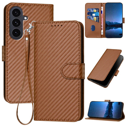 Samsung Galaxy S25 FE 5G Carbon Fiber Buckle Leather Phone Case with Lanyard, PU Leather TPU Wallet Cover with Card Slot, Cash Compartment, Stand Function & Scratch Protection