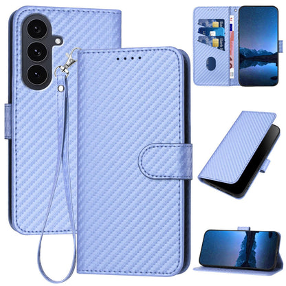 Samsung Galaxy S25 FE 5G Carbon Fiber Buckle Leather Phone Case with Lanyard, PU Leather TPU Wallet Cover with Card Slot, Cash Compartment, Stand Function & Scratch Protection
