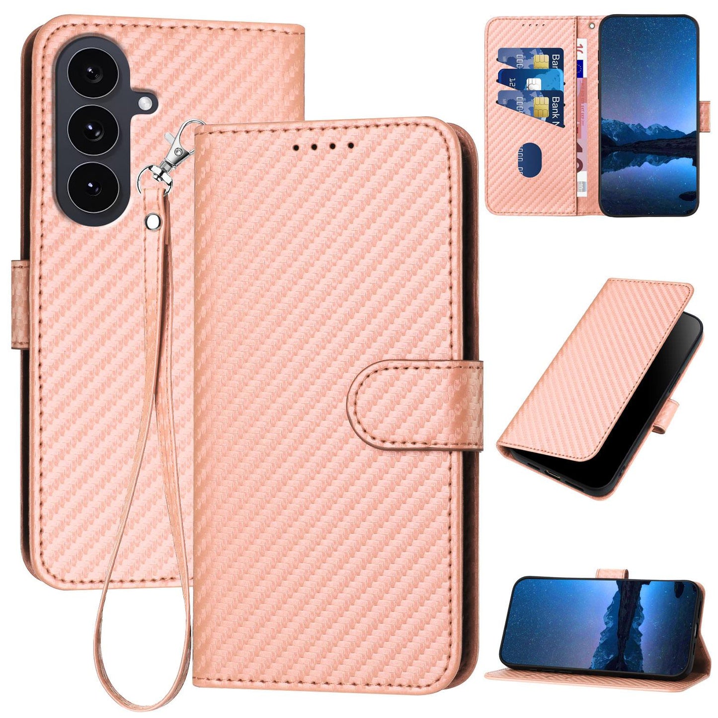 Samsung Galaxy S25 FE 5G Carbon Fiber Buckle Leather Phone Case with Lanyard, PU Leather TPU Wallet Cover with Card Slot, Cash Compartment, Stand Function & Scratch Protection