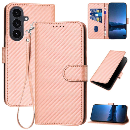 Samsung Galaxy S25 FE 5G Carbon Fiber Buckle Leather Phone Case with Lanyard, PU Leather TPU Wallet Cover with Card Slot, Cash Compartment, Stand Function & Scratch Protection