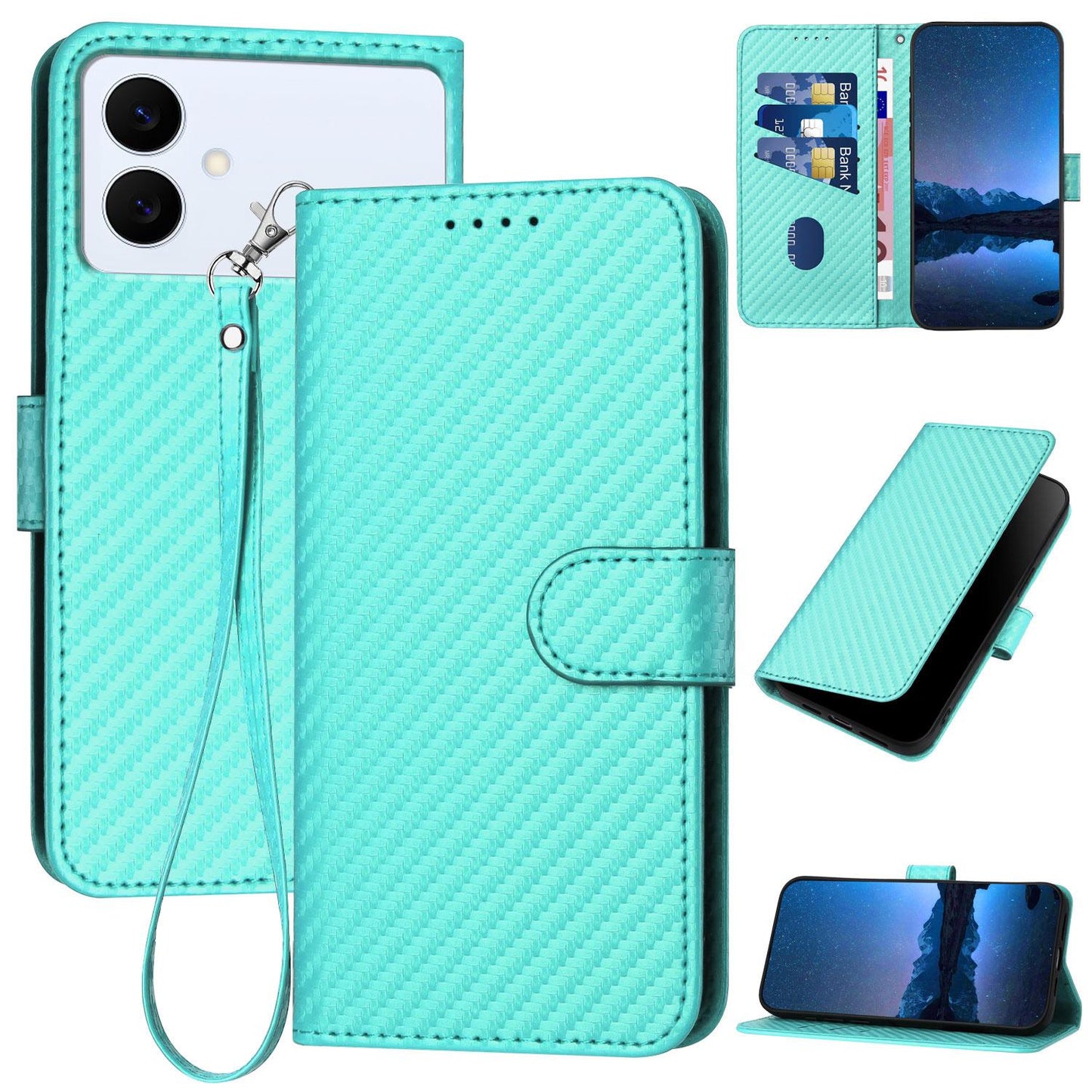 Samsung Galaxy S26 Edge 5G Carbon Fiber Buckle Leather Phone Case with Lanyard, PU Leather TPU Wallet Cover with Card Slot, Cash Compartment, Stand Function & Scratch Protection