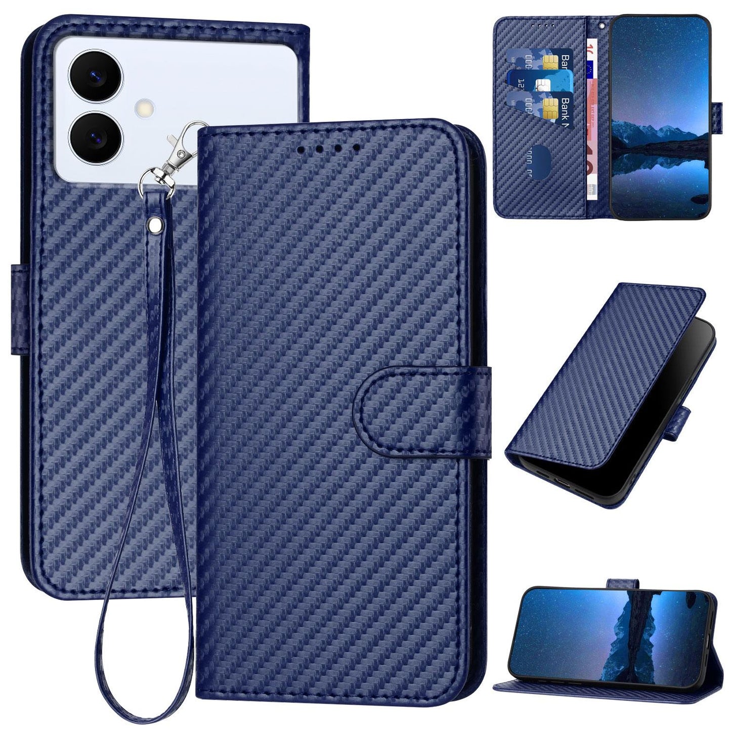 Samsung Galaxy S26 Edge 5G Carbon Fiber Buckle Leather Phone Case with Lanyard, PU Leather TPU Wallet Cover with Card Slot, Cash Compartment, Stand Function & Scratch Protection